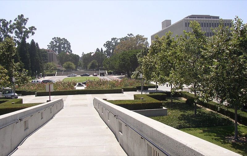 A walkway looking out over the UC Irvine campus.