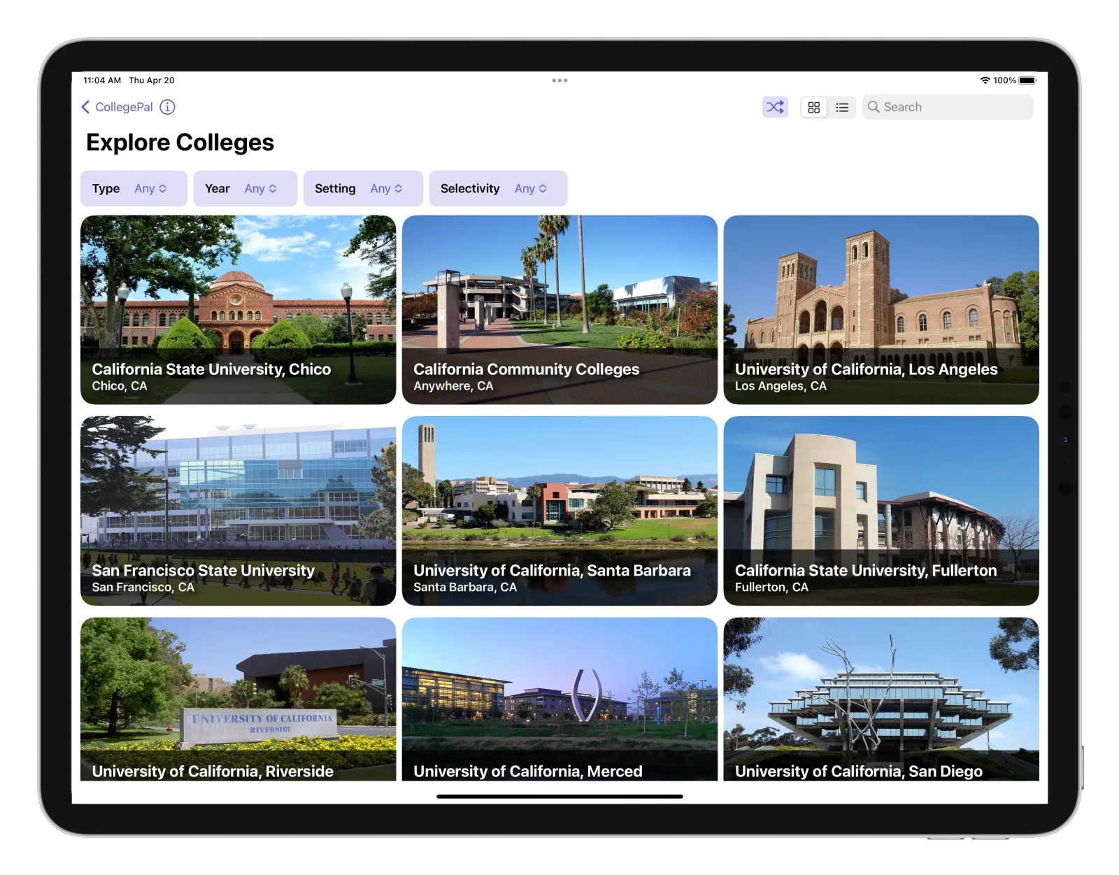 CollegePal college explorer in grid view on iPad