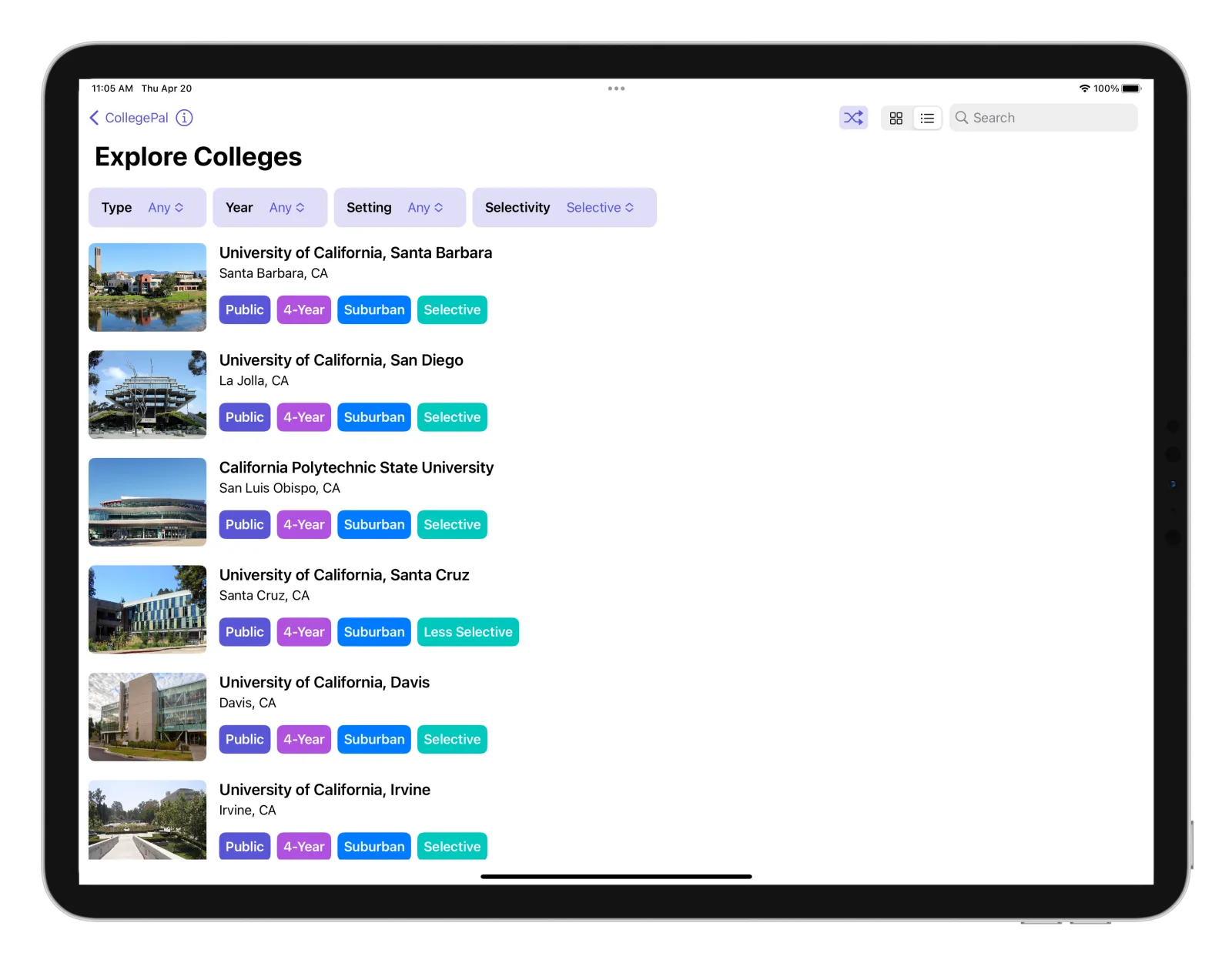 CollegePal college explorer in list view on iPad