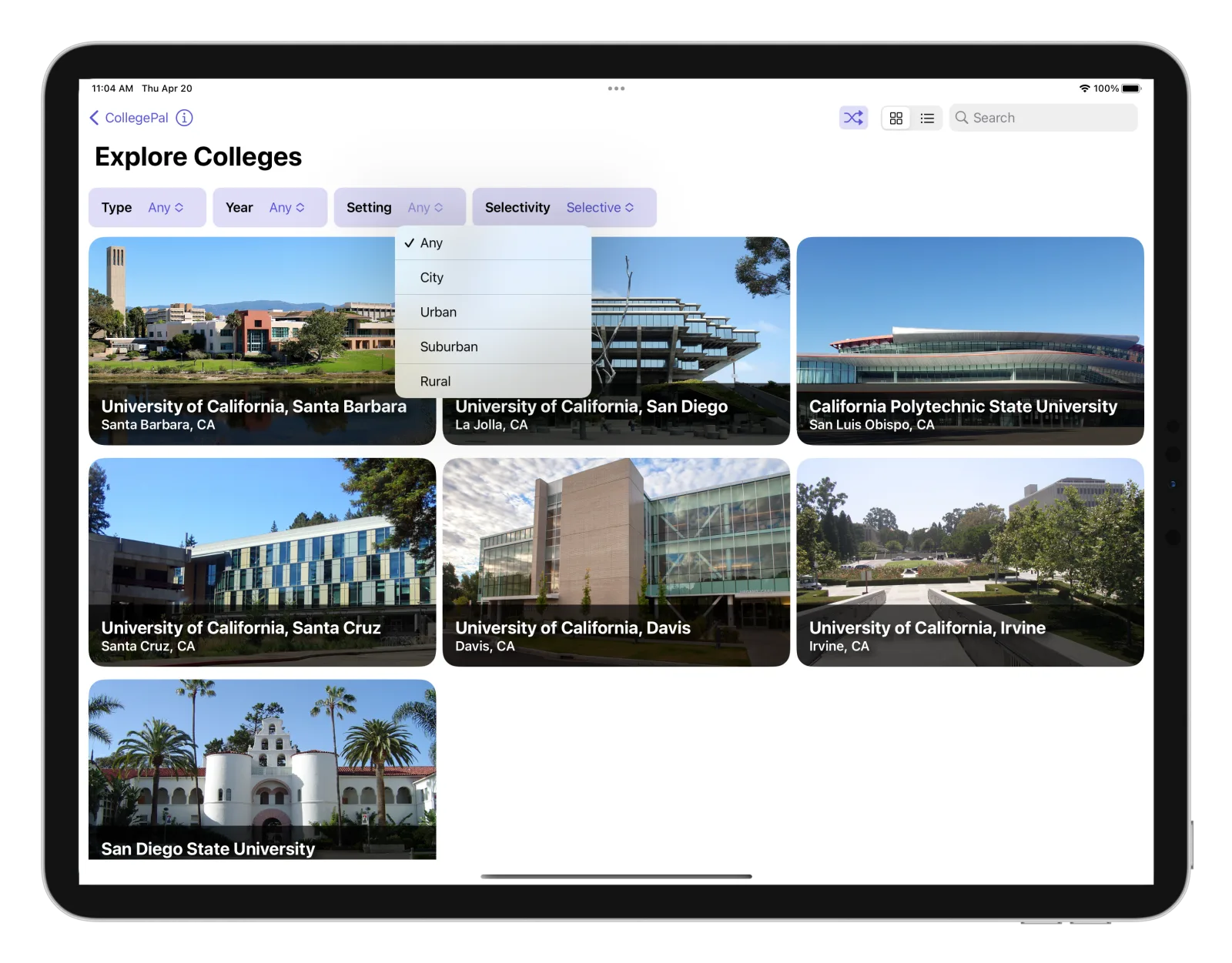 CollegePal college explorer with type, year, setting and selectivity filters applied