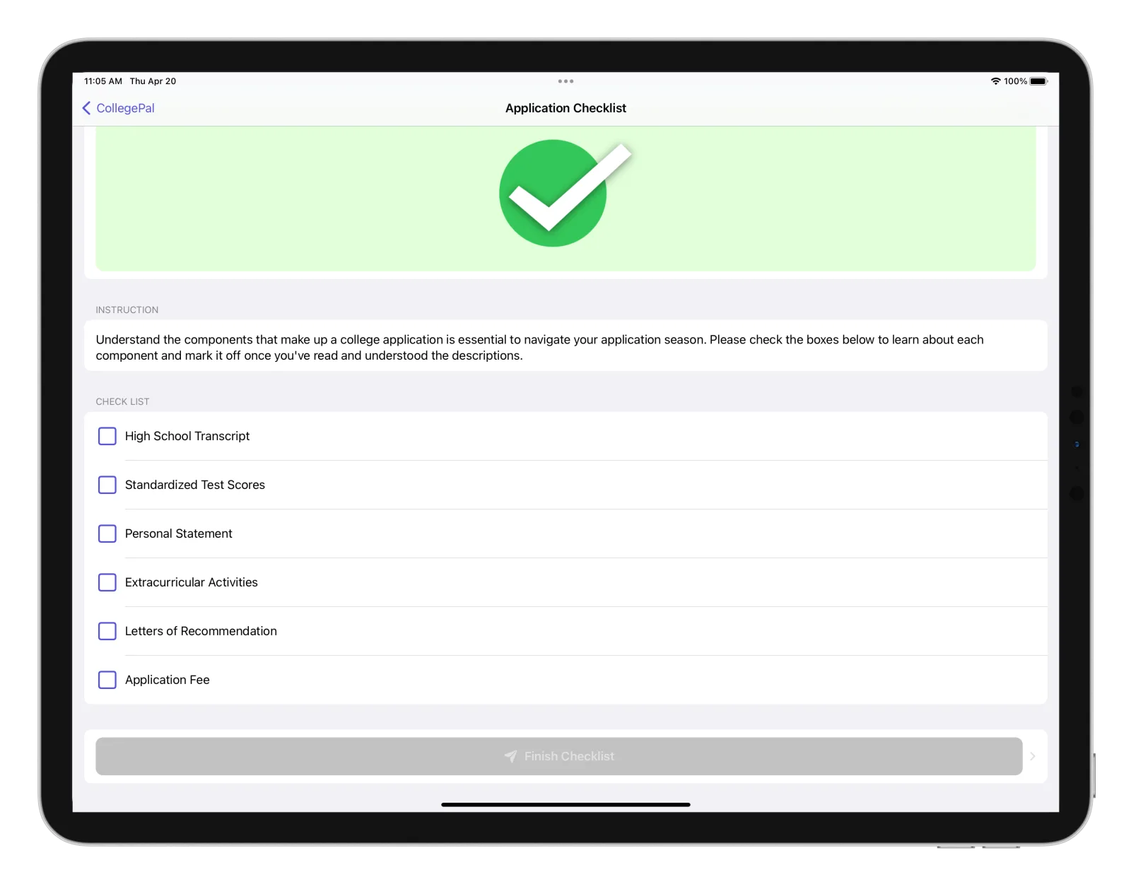 CollegePal application checklist on iPad