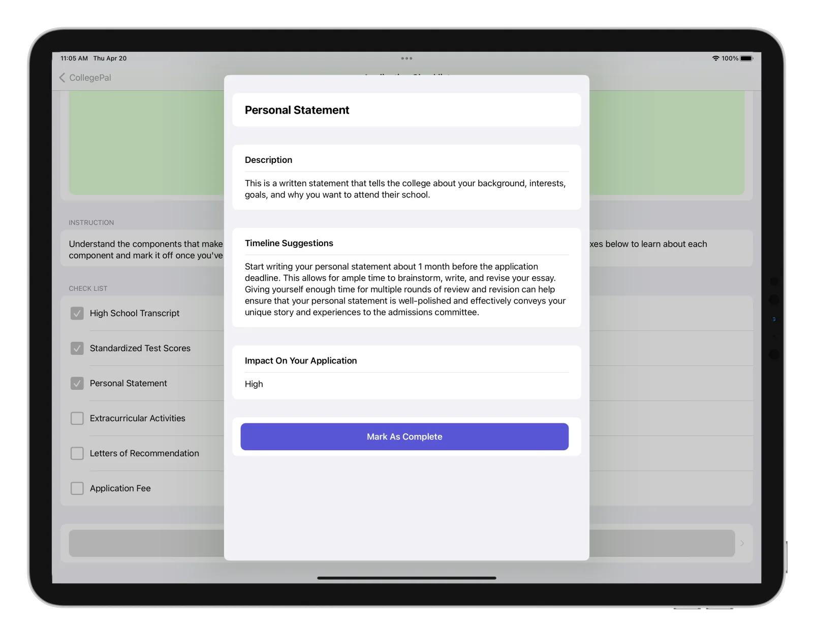 CollegePal checklist sheet with tips for a single application component