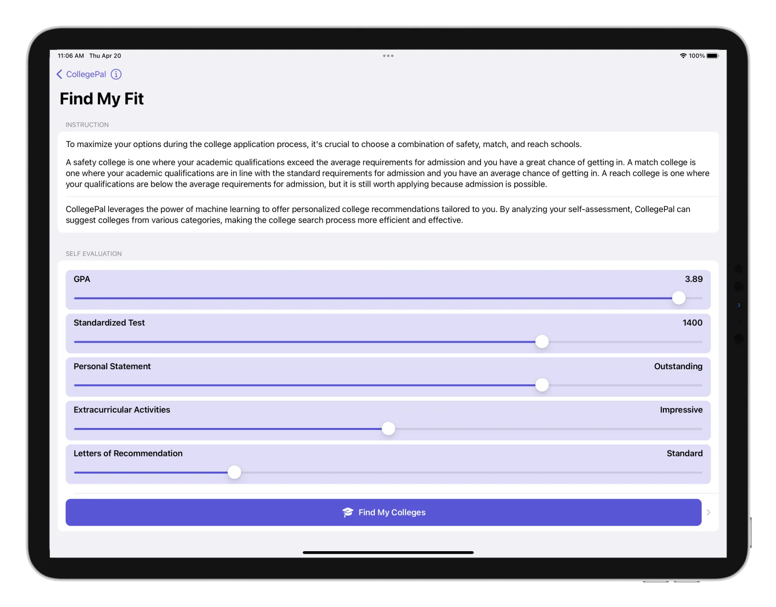 CollegePal self-evaluation sliders for the Find My Fit questionnaire