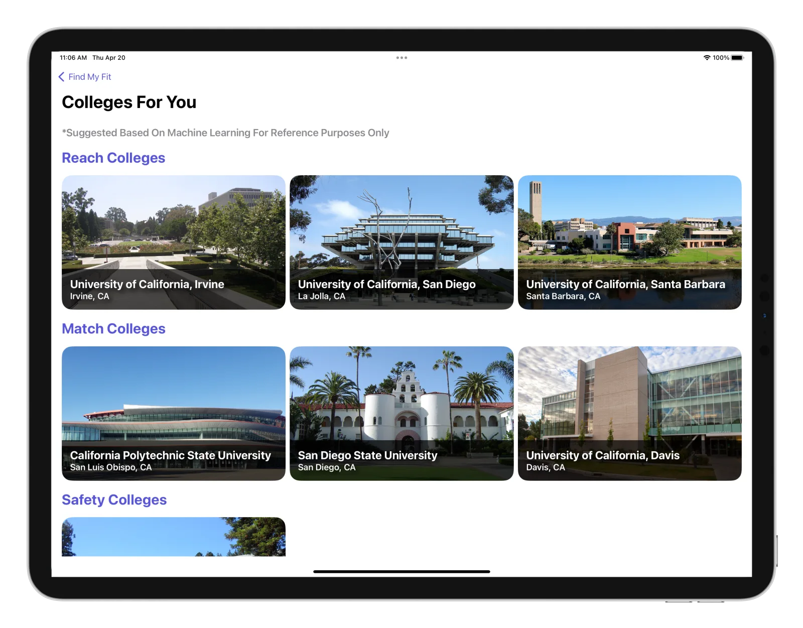 CollegePal Find My Fit results grouping schools into reach, match and safety