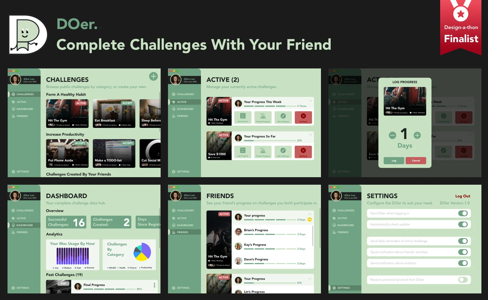 DOer title card reading Complete Challenges With Your Friend, a Designathon 2020 finalist, with a grid of the app's screens
