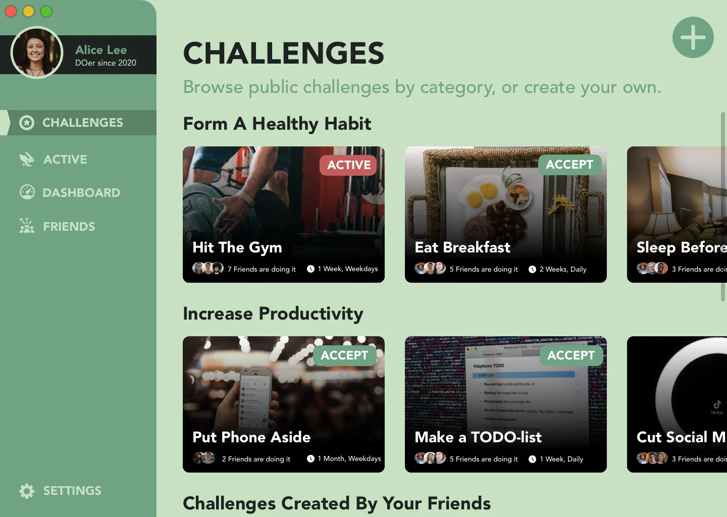 DOer Challenges screen, browsing public habit challenges by category such as Form A Healthy Habit and Increase Productivity