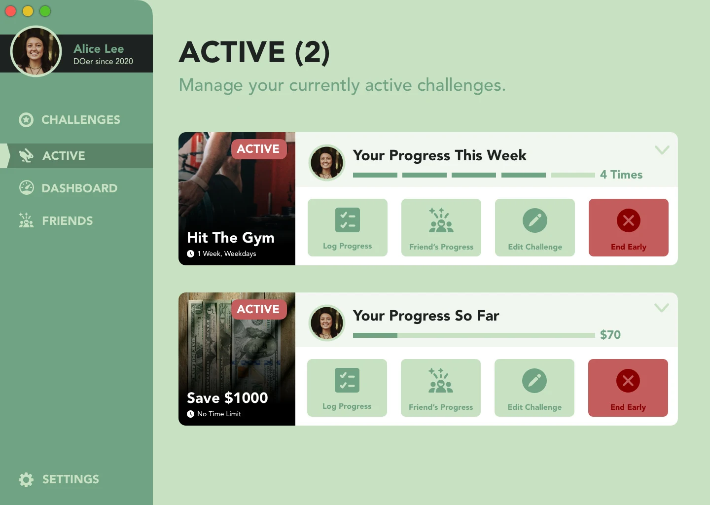 DOer Active screen, managing two running challenges and logging progress