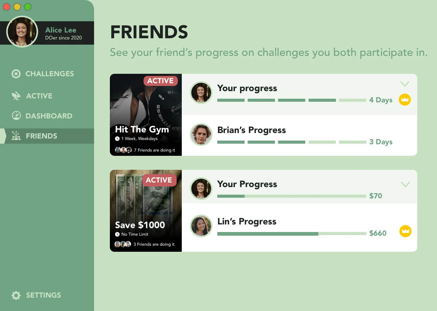 DOer Friends screen comparing your progress with a friend's on shared challenges