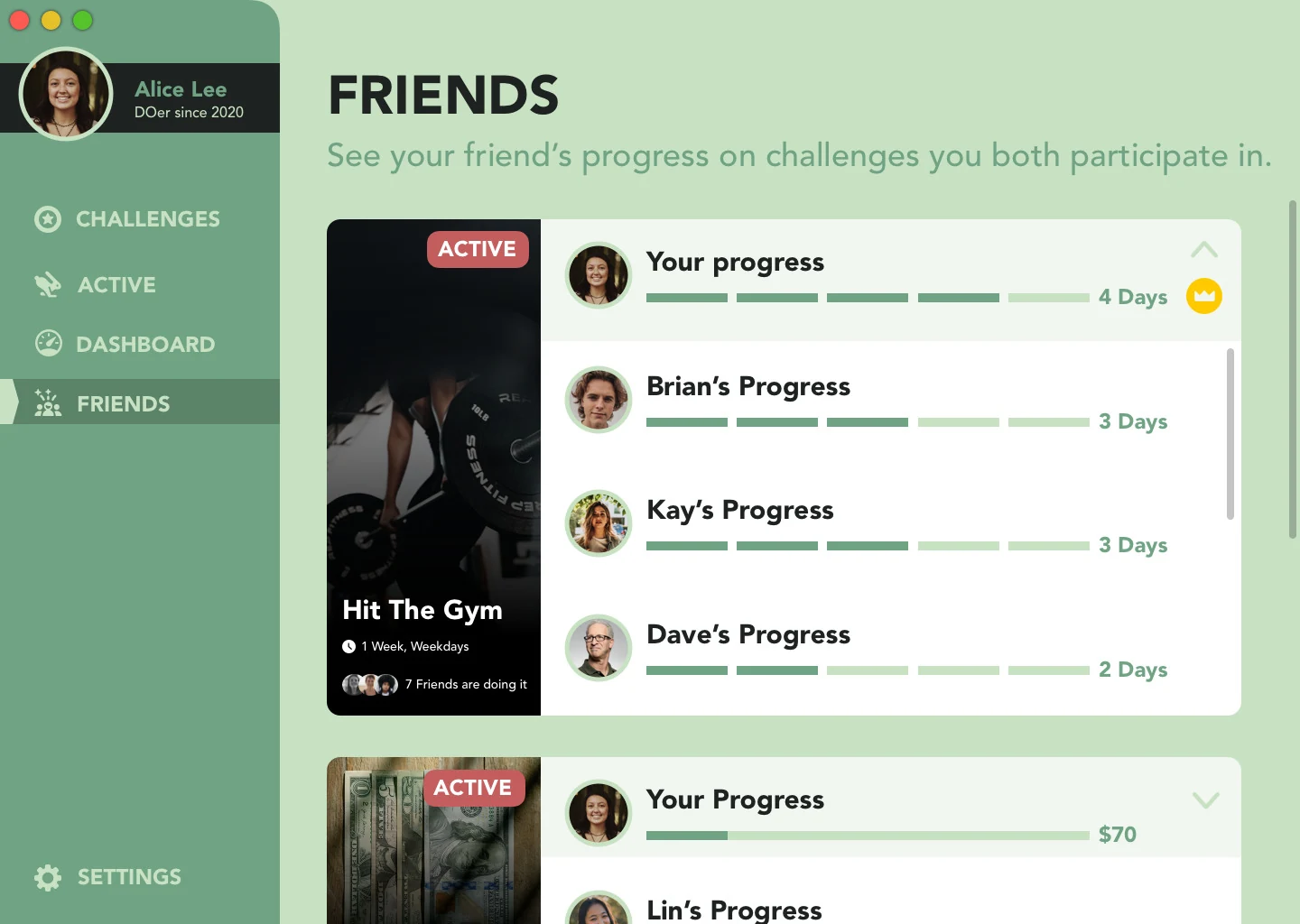 DOer Friends screen showing progress bars for four friends on the same challenge
