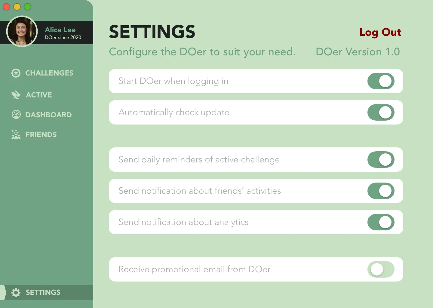 DOer Settings screen with toggles for reminders, notifications, and updates