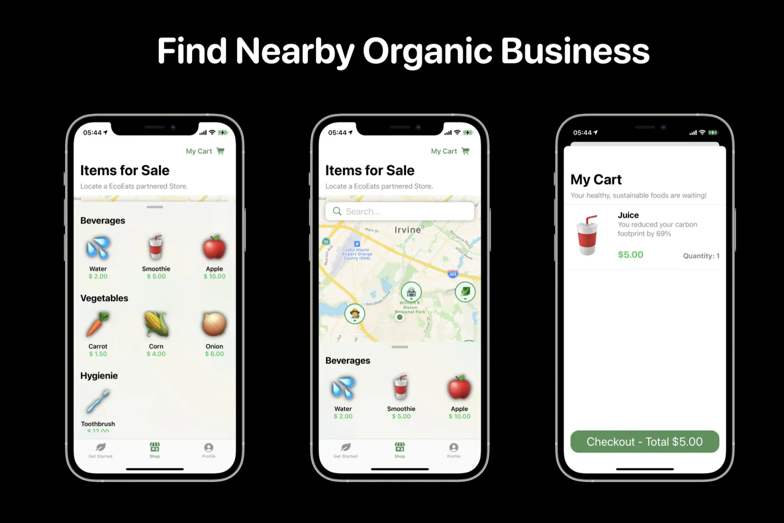 EcoEats screen listing nearby sustainable businesses