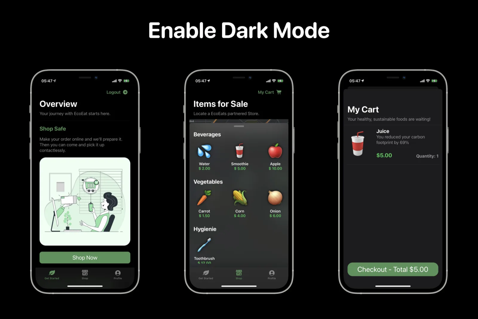 EcoEats shown in dark mode