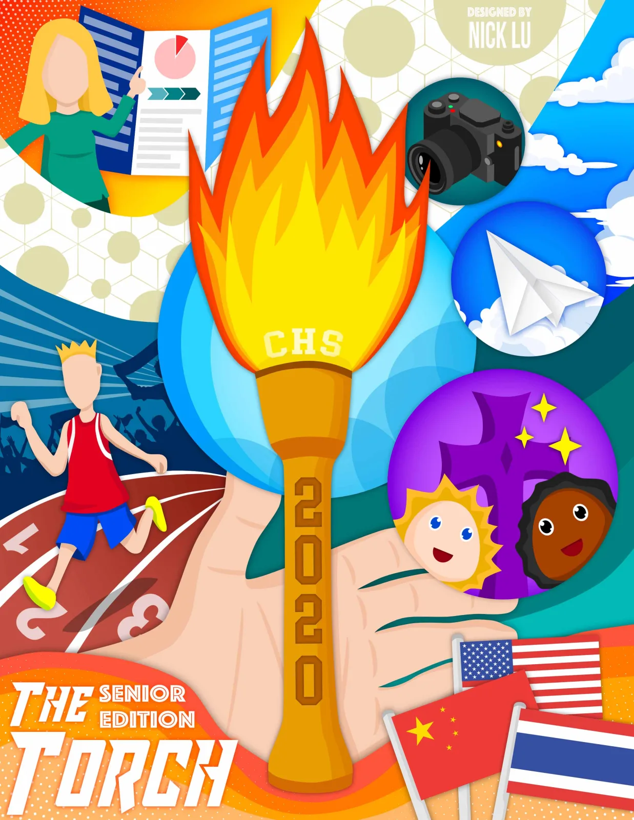 The Torch, Senior Edition 2020, an illustrated yearbook cover with a flame, runners, and flags