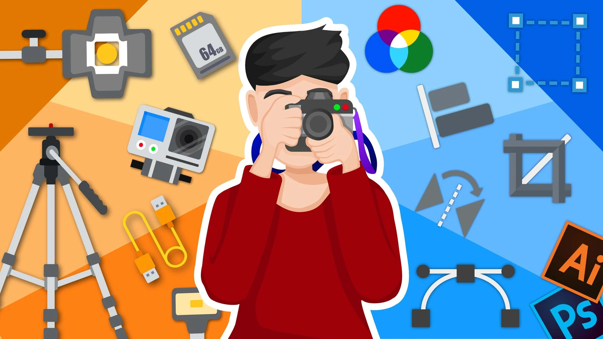 Flat illustration of a photographer holding a camera, surrounded by photography and design tools