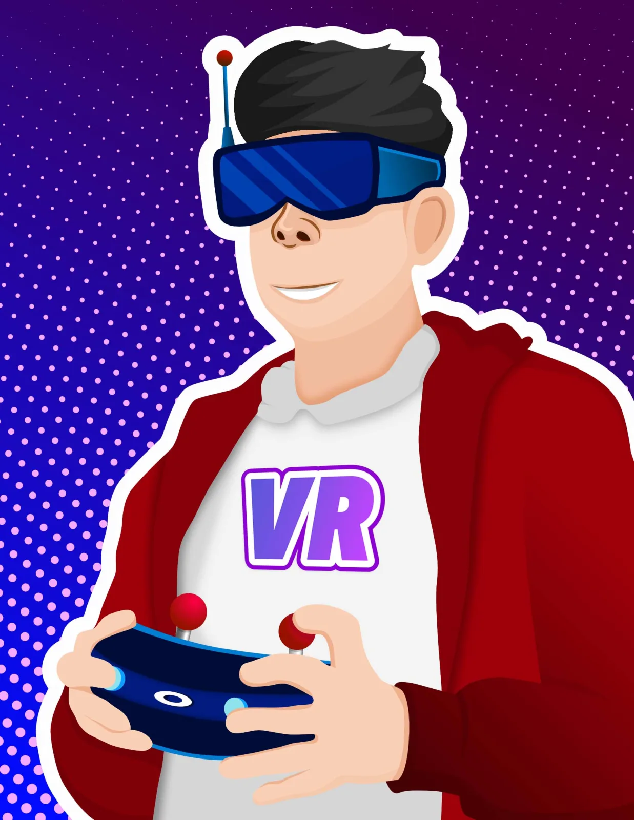 Flat illustration of a gamer wearing VR goggles and holding a controller