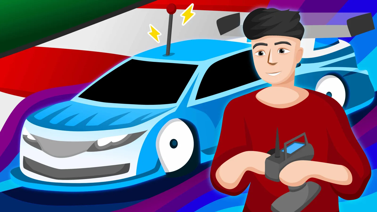 Flat illustration of a person holding a controller beside a blue RC race car