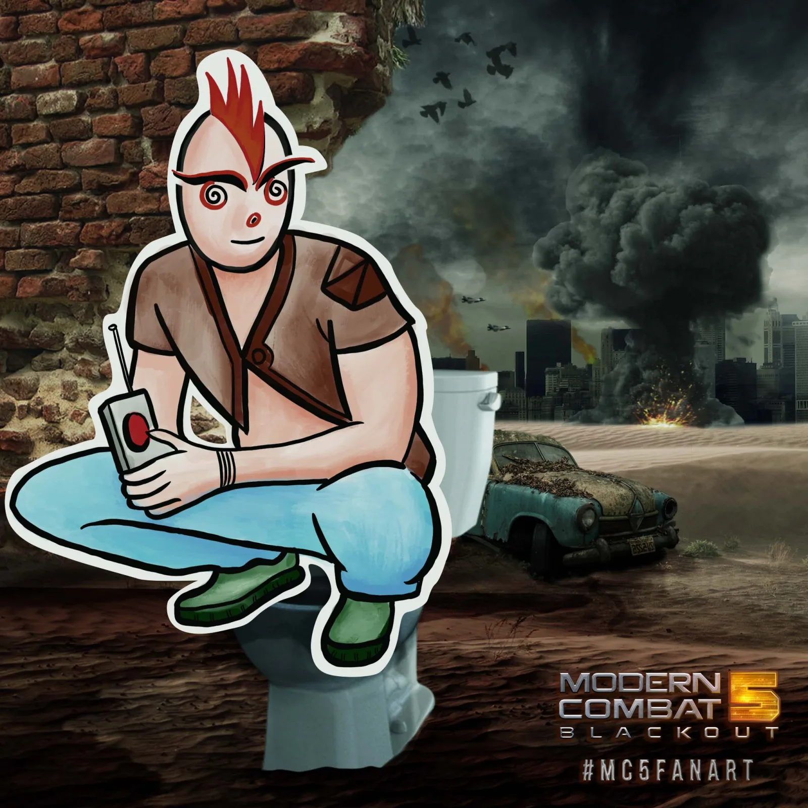 Modern Combat 5 fan art: a character sitting on a toilet in a ruined city street