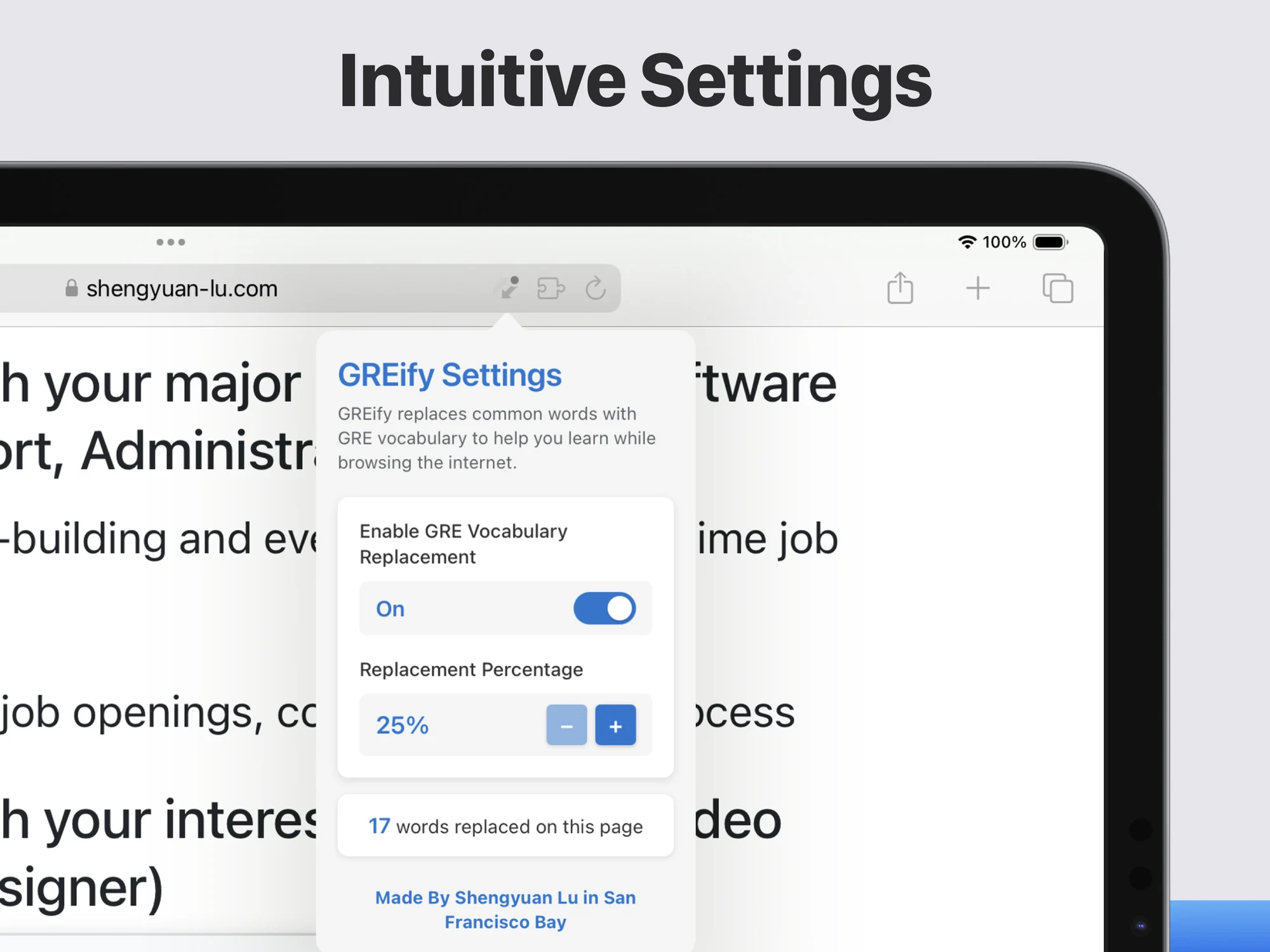 GREify settings for toggling the extension on or off and setting the replacement percentage