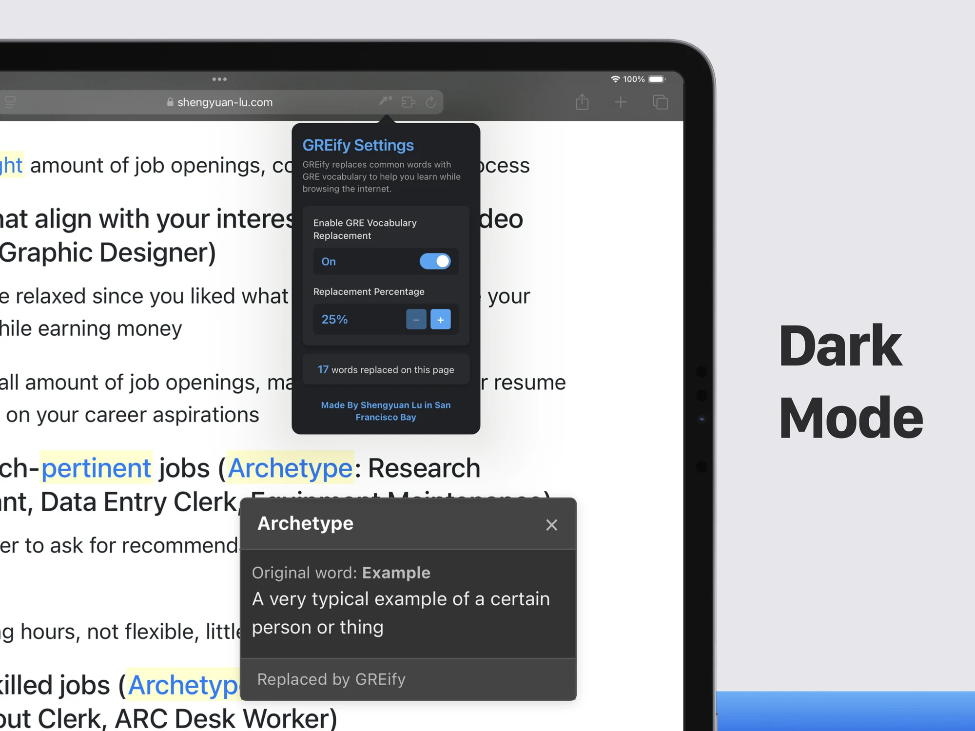 GREify running in dark mode