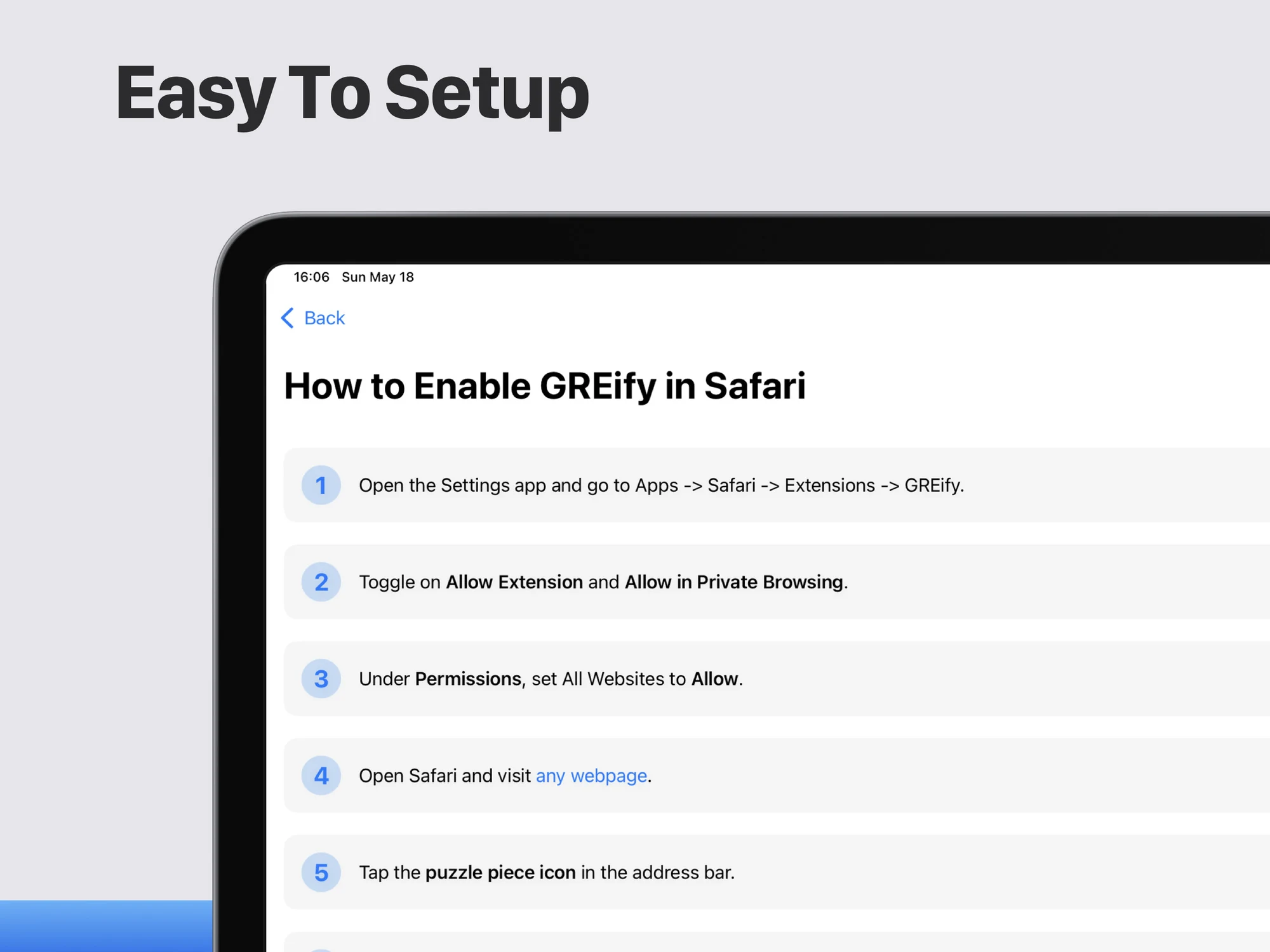 GREify setup instructions for enabling the Safari extension