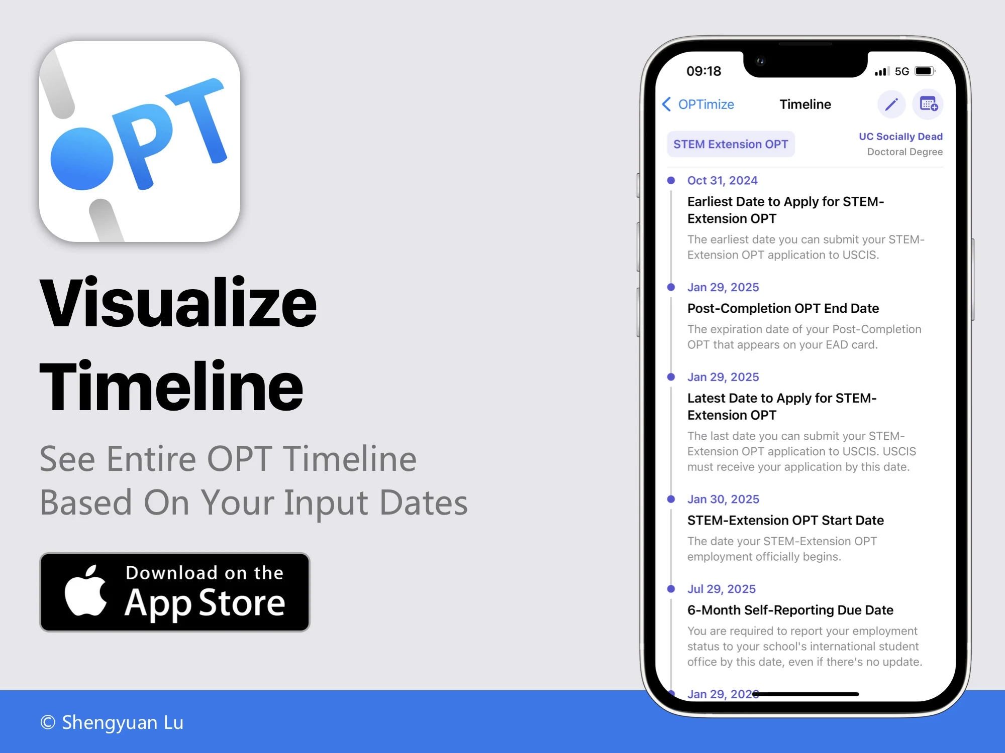OPTimize screen showing the entire OPT timeline with key dates and deadlines