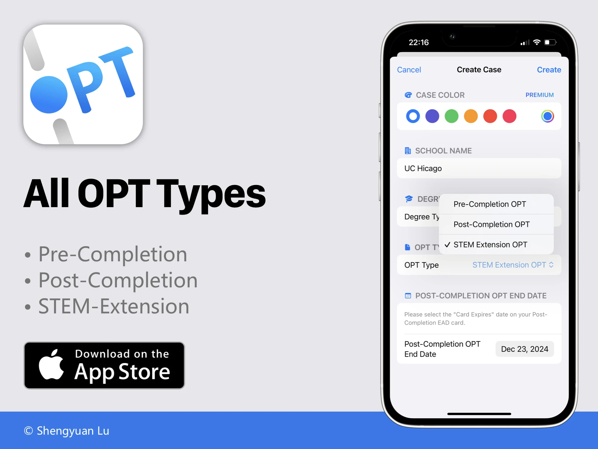 OPTimize screen listing the supported OPT types