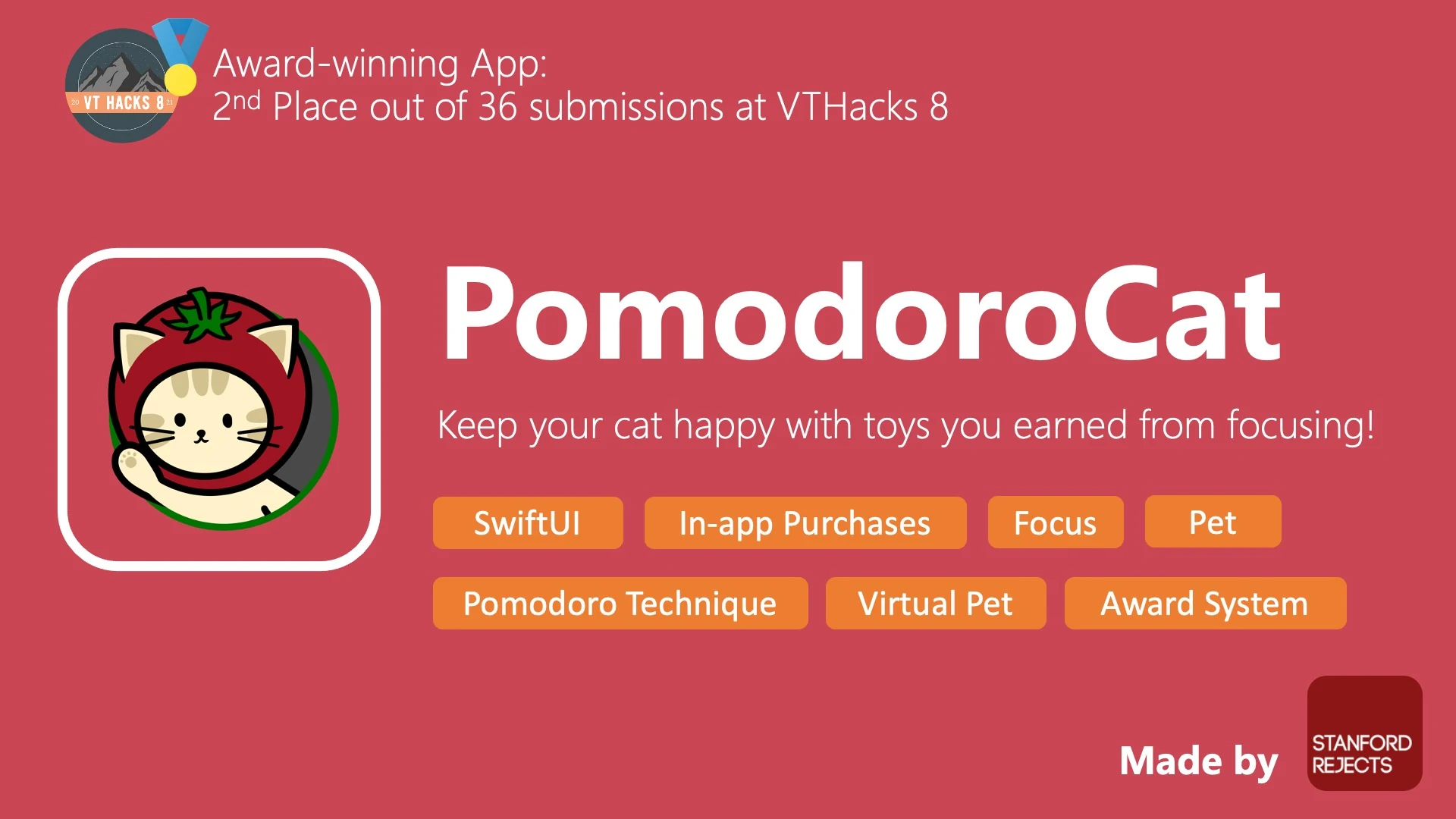 PomodoroCat title slide: an iOS app that keeps a virtual cat happy with toys earned from focusing, 2nd place out of 36 submissions at VTHacks 8