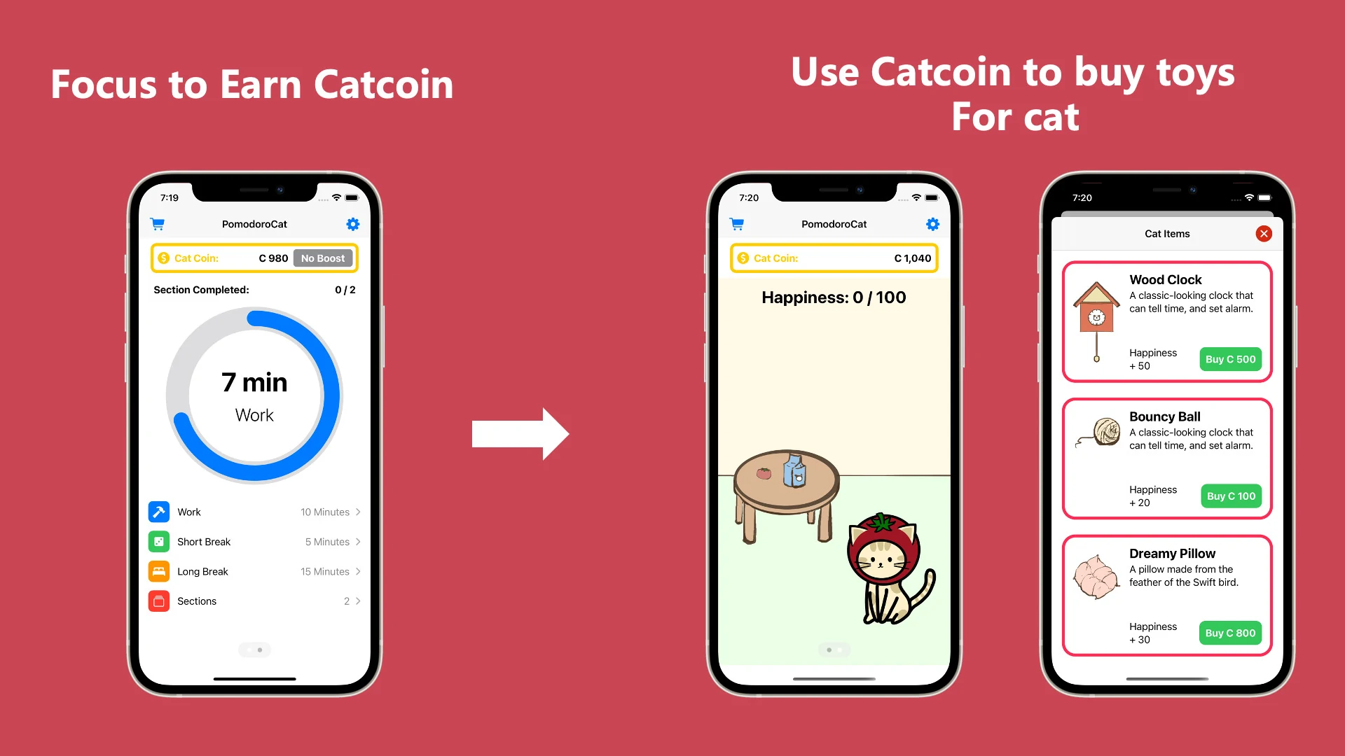 Three PomodoroCat screens: focusing to earn Catcoin, then spending Catcoin on toys in the cat shop