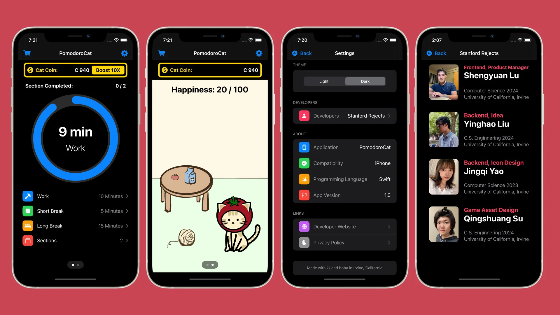 Four PomodoroCat screens: the work timer, the cat habitat, the settings page, and the team credits