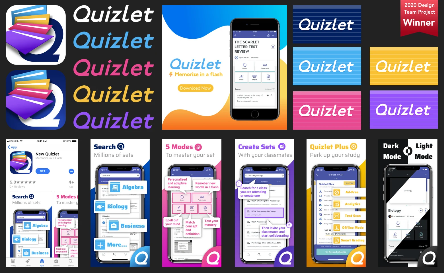 Overview of the Quizlet rebrand: new wordmarks, app icons, and marketing screens