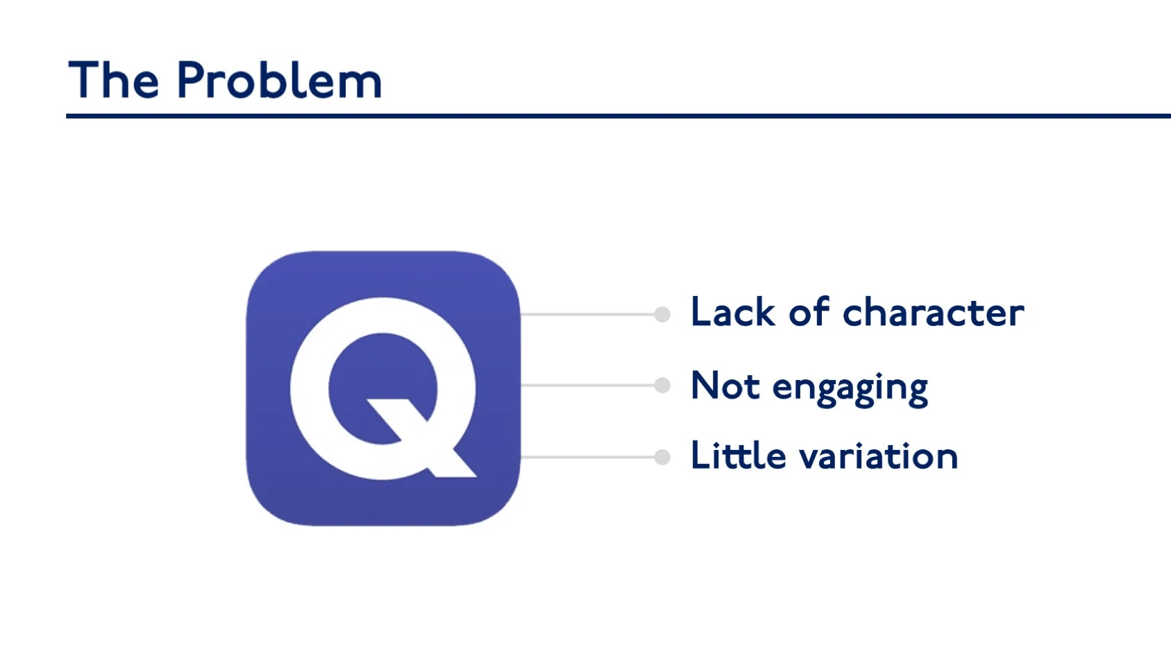 The Problem slide: the original Quizlet logo lacks character, is not engaging, and has little variation