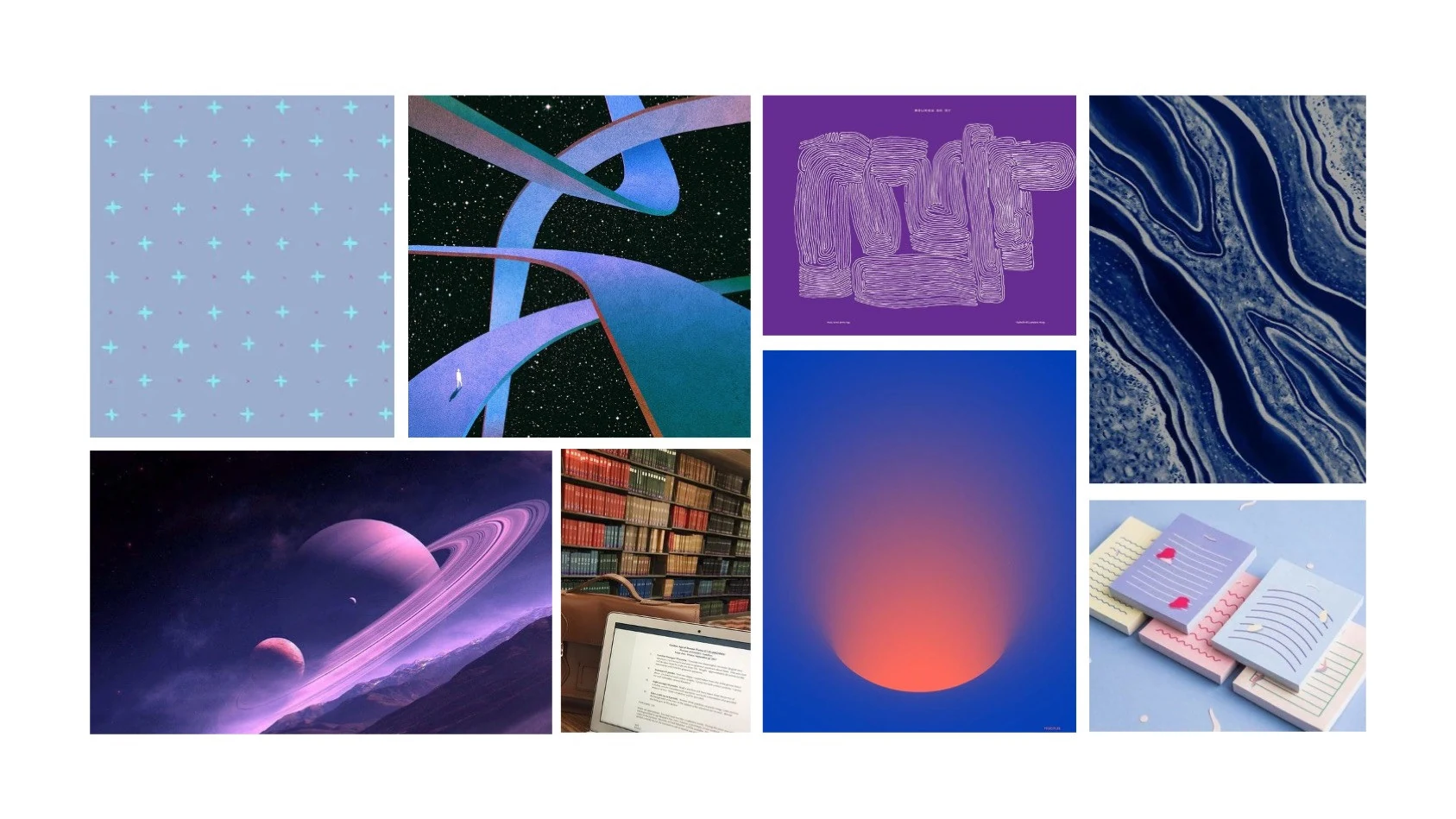 Mood board of textures and gradients used as visual inspiration for the rebrand