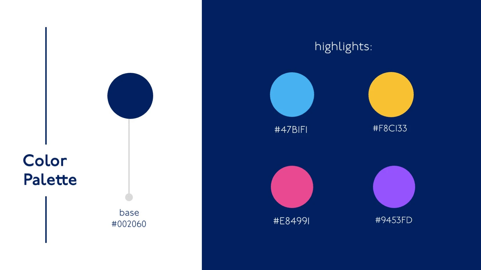 Color palette slide: a deep navy base with blue, yellow, pink, and purple highlights