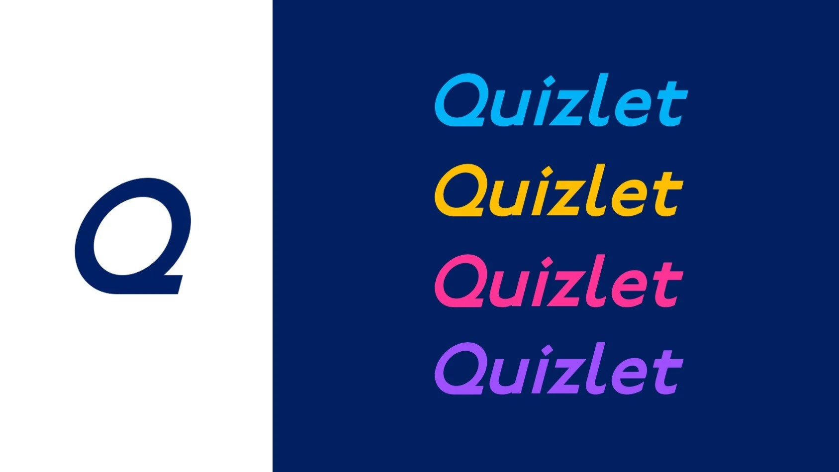 The new Quizlet wordmark shown in each of the four highlight colors