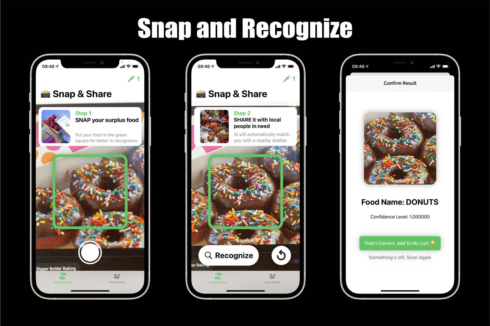 Snap and Recognize: three SnapShare screens photographing surplus donuts and identifying them with a CoreML model