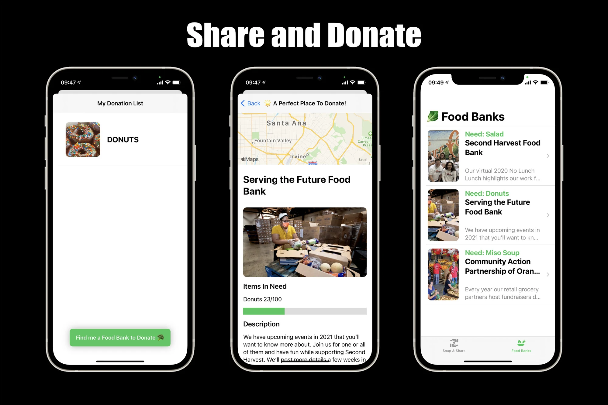 Share and Donate: three SnapShare screens showing the donation list, a matched food bank on a map, and nearby food banks