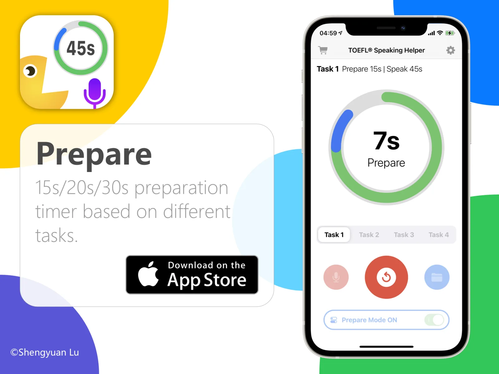 TOEFL Speaking Helper preparation timer, with 15, 20, or 30 second options depending on the task