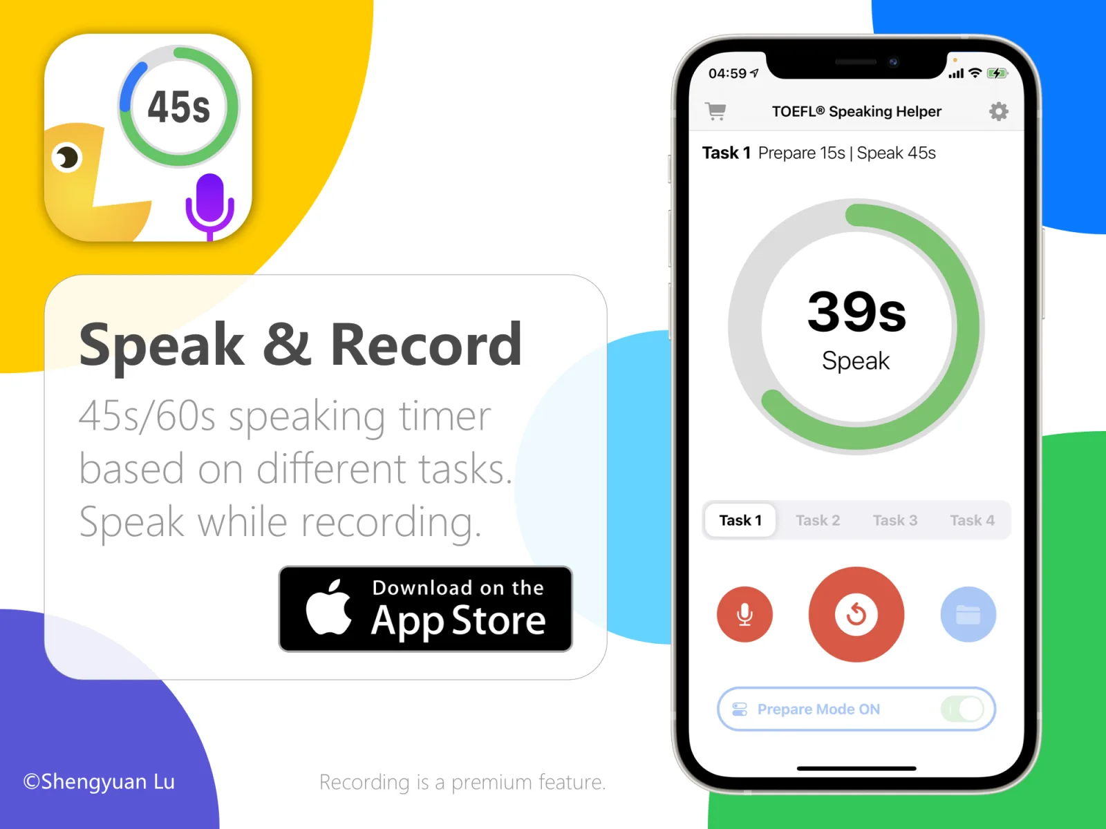 TOEFL Speaking Helper speaking timer recording a 45 or 60 second response
