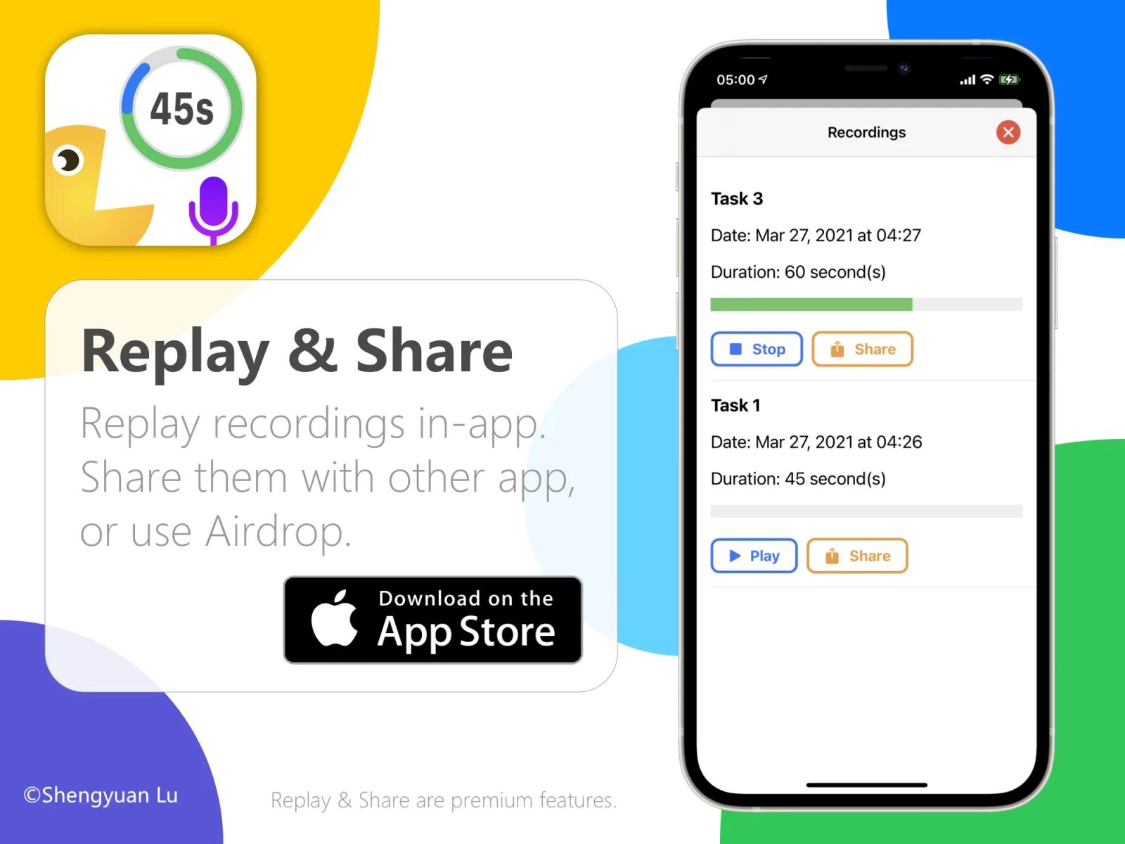 TOEFL Speaking Helper replaying a recording and sharing it with other apps or by AirDrop