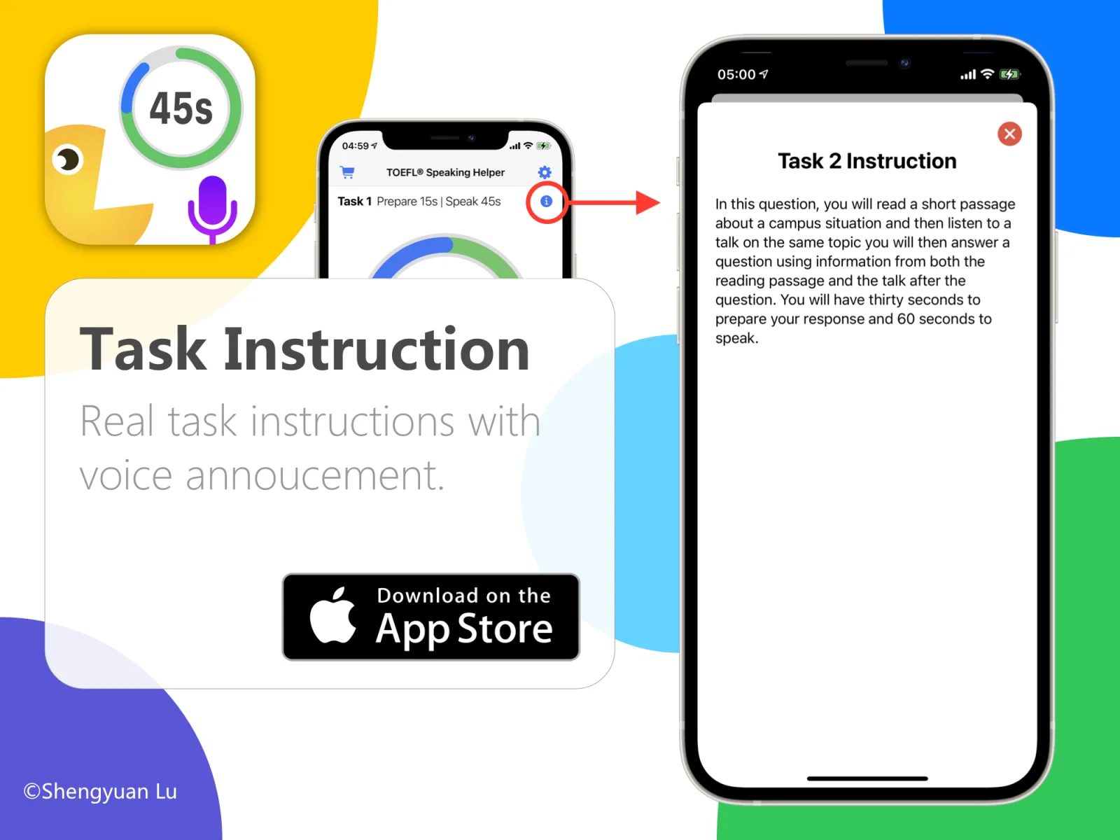 TOEFL Speaking Helper task instruction screen with real instructions and a voice announcement