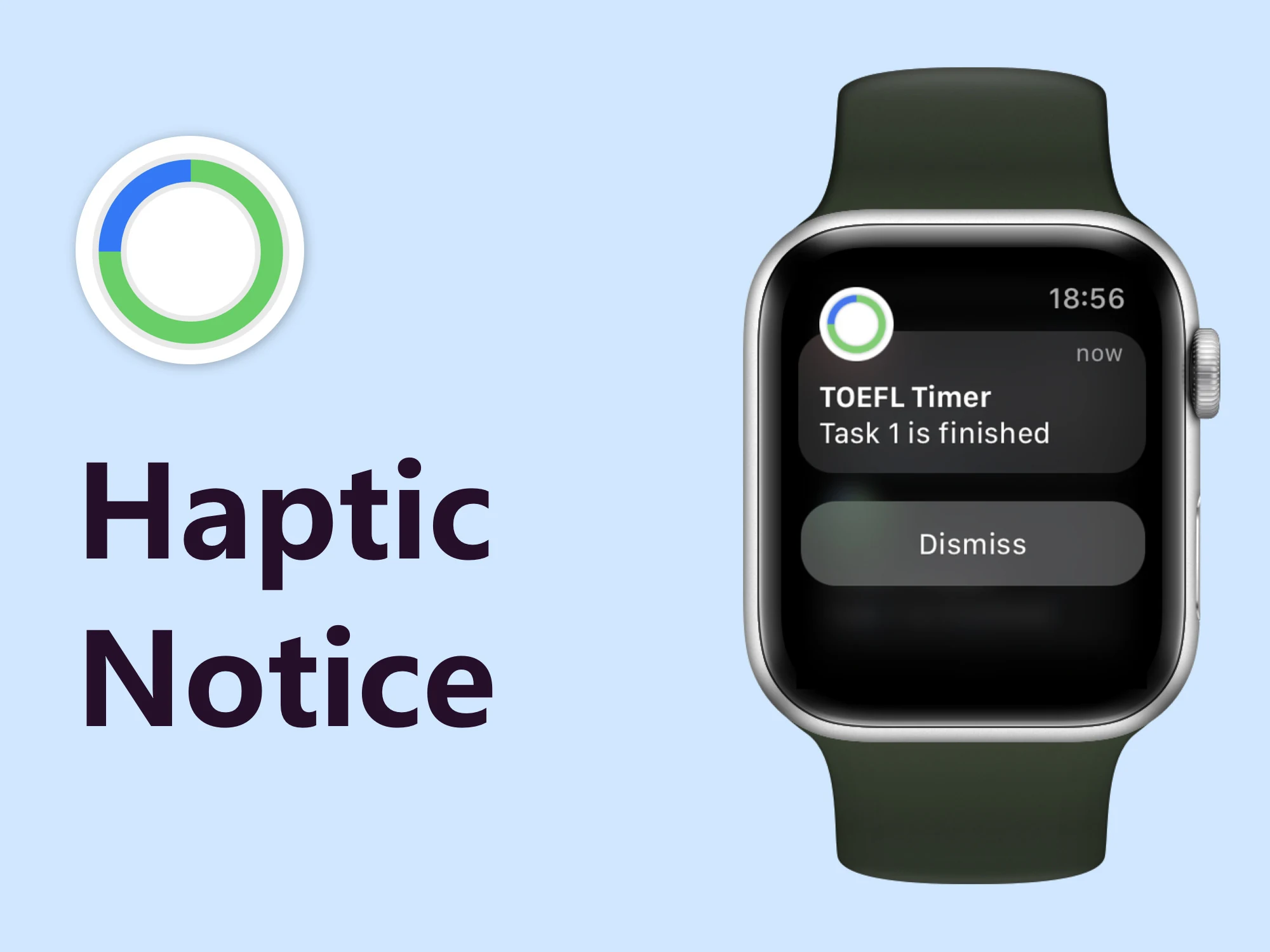 TOEFL Speaking Timer haptic notice on Apple Watch marking the end of a section