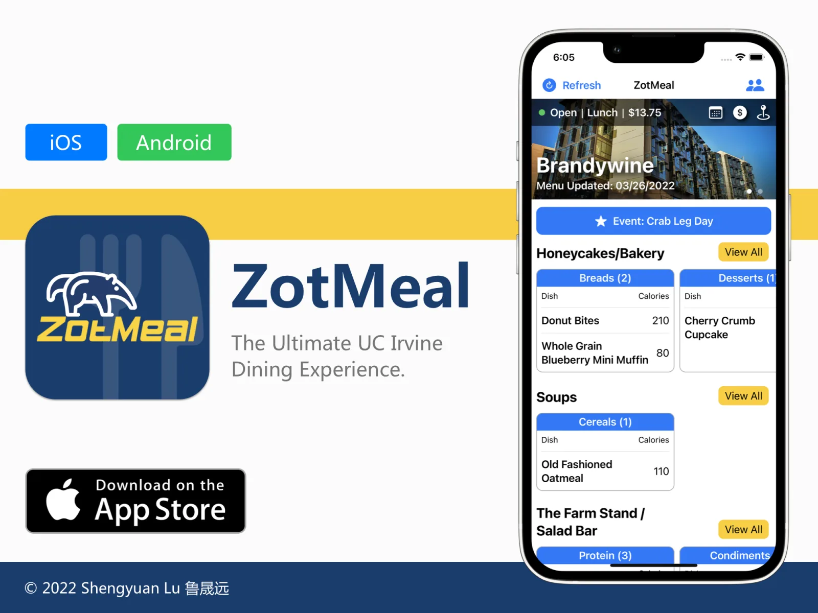 ZotMeal shown on iPhone, displaying UC Irvine dining hall menus