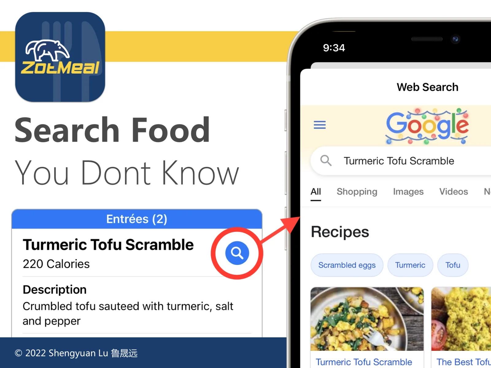 ZotMeal search screen for looking up an unfamiliar dish
