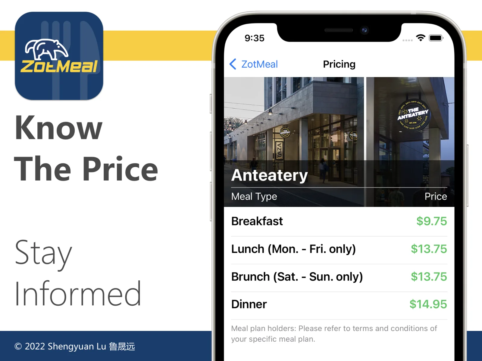 ZotMeal dining hall pricing screen